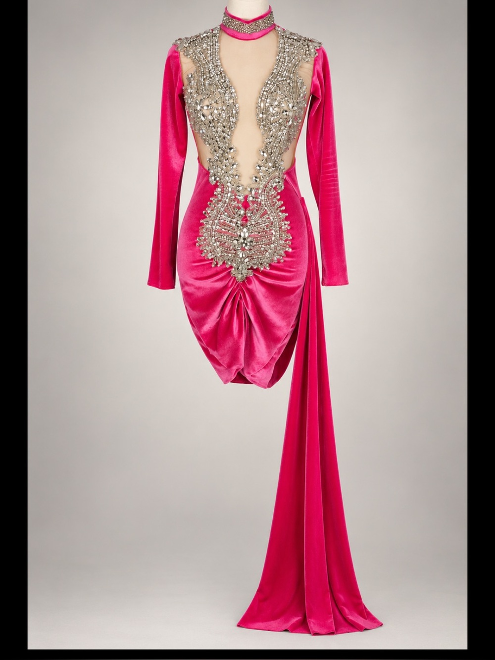 Fuchsia Velvet Crystal Illusion Ruched Mini Dress Train XXS
